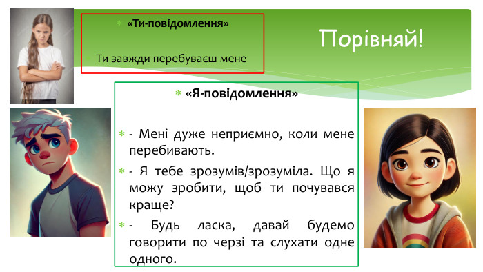 Порівняй!«Ти-повідомлення»Ти завжди перебуваєш мене «Я-повідомлення»- Мені дуже неприємно, коли мене перебивають.- Я тебе зрозумів/зрозуміла. Що я можу зробити, щоб ти почувався краще?- Будь ласка, давай будемо говорити по черзі та слухати одне одного.