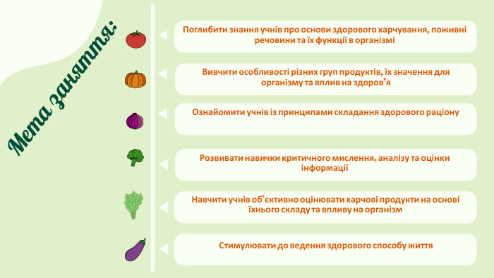 Мета заняття: Вивчити особливості різних груп продуктів, їх значення для організму та вплив на здоров’я. Поглибити знання учнів про основи здорового харчування, поживні речовини та їх функції в організміРозвивати навички критичного мислення, аналізу та оцінки інформаціїСтимулювати до ведення здорового способу життя. Навчити учнів об’єктивно оцінювати харчові продукти на основі їхнього складу та впливу на організм. Ознайомити учнів із принципами складання здорового раціону