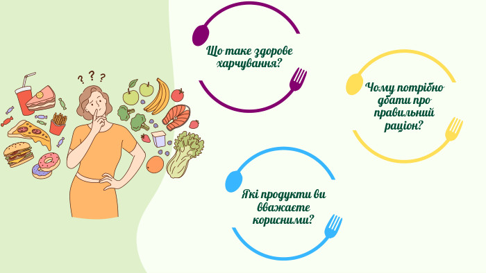 Що таке здорове харчування?Які продукти ви вважаєте корисними?Чому потрібно дбати про правильний раціон?