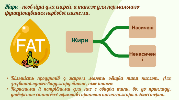 Жири. НасиченіНенасиченіБільшість продуктів з жиром мають обидва типи кислот. Але зазвичай одного виду жиру більше, ніж іншого. Корисними й потрібними для нас є обидва типи, бо, до прикладу, утворенню статевих гормонів сприяють насичені жири й холестерин. Жири – необхідні для енергії, а також для нормального функціонування нервової системи.