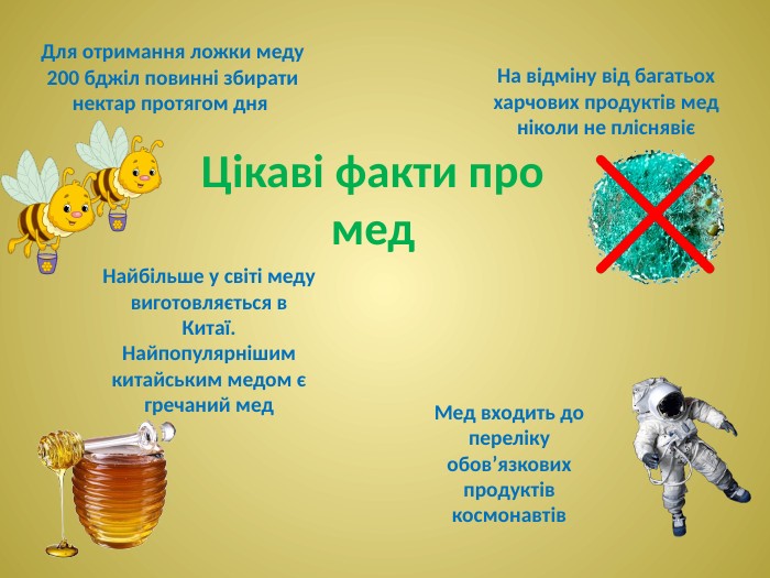 Мед входить до переліку обов’язкових продуктів космонавтів. Для отримання ложки меду 200 бджіл повинні збирати нектар протягом дня Найбільше у світі меду виготовляється в Китаї. Найпопулярнішим китайським медом є гречаний мед. На відміну від багатьох харчових продуктів мед ніколи не пліснявієЦікаві факти про мед