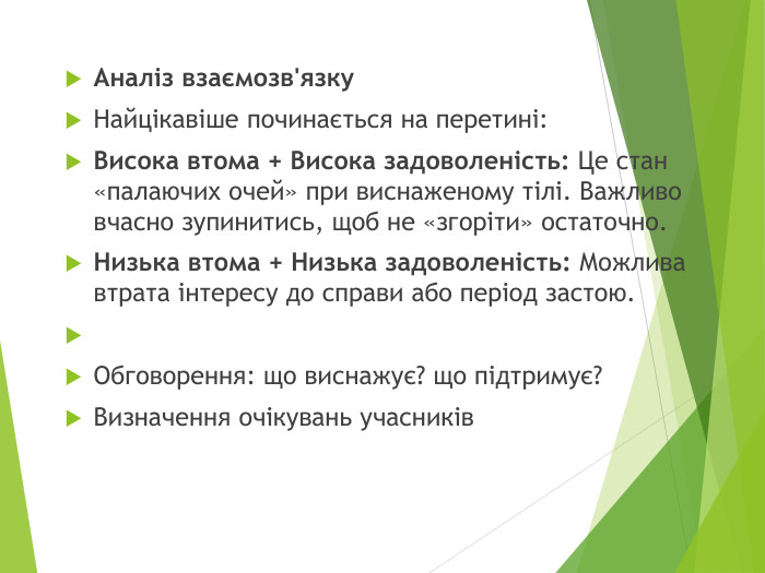 Аналіз взаємозв'язку. Найцікавіше починається на перетині: Висока втома + Висока задоволеність: Це стан «палаючих очей» при виснаженому тілі. Важливо вчасно зупинитись, щоб не «згоріти» остаточно. Низька втома + Низька задоволеність: Можлива втрата інтересу до справи або період застою. Обговорення: що виснажує? що підтримує?Визначення очікувань учасників