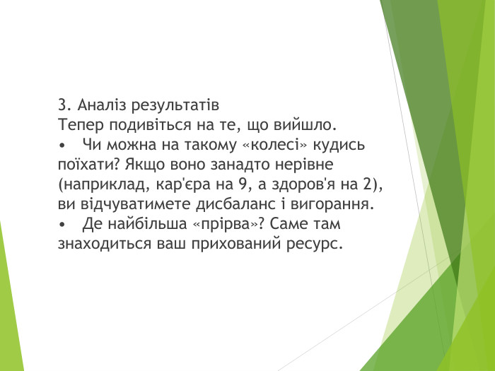 3. Аналіз результатів. Тепер подивіться на те, що вийшло.•	Чи можна на такому «колесі» кудись поїхати? Якщо воно занадто нерівне (наприклад, кар'єра на 9, а здоров'я на 2), ви відчуватимете дисбаланс і вигорання.•	Де найбільша «прірва»? Саме там знаходиться ваш прихований ресурс.