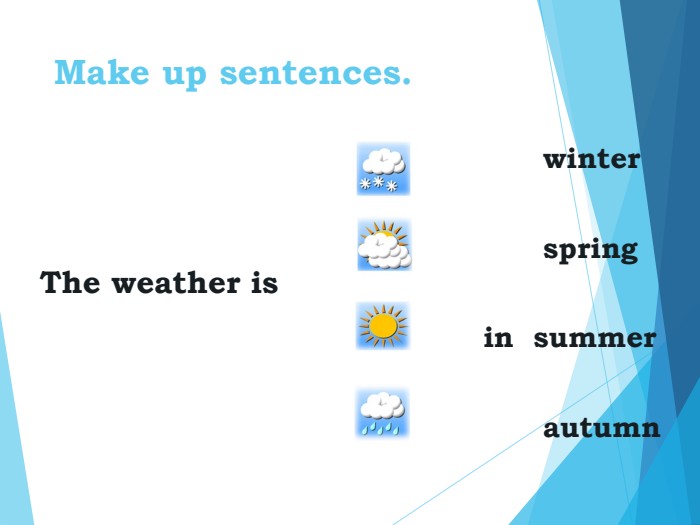 Make up sentences.                                                   The weather is            winter           spring     in  summer           autumn 