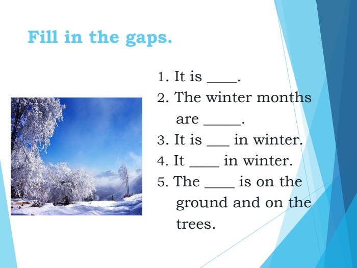 Fill in the gaps. 1. It is ____.2. The winter months       are _____.3. It is ___ in winter.4. It ____ in winter.5. The ____ is on the       ground and on the       trees.  