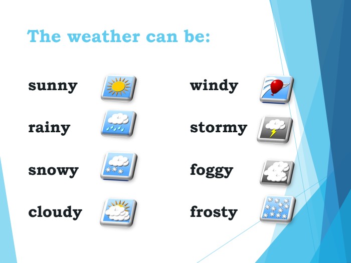 The weather can be: sunny        rainysnowycloudy windystormyfoggyfrosty 