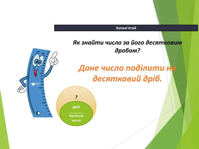 13.04.2026 СьогодніЗапам'ятай Як знайти число за його десятковимдробом?Дане число поділити на десятковий дріб.?Дріб_______Частина числа