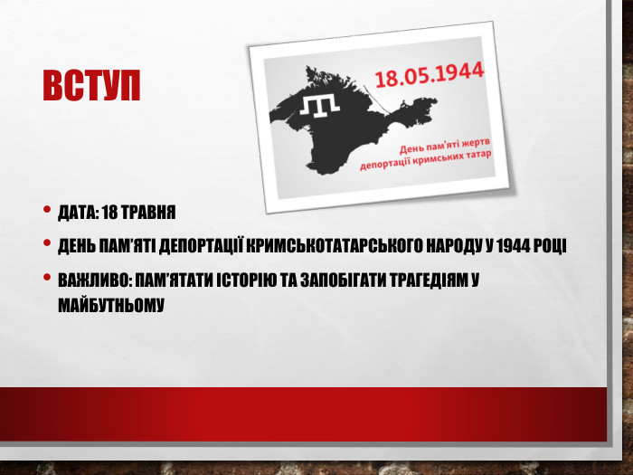 Вступ. Дата: 18 травня. День пам’яті депортації кримськотатарського народу у 1944 роціВажливо: пам’ятати історію та запобігати трагедіям у майбутньому