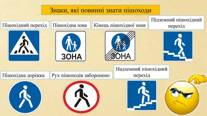 Знаки, які повинні знати пішоходи. Пішохідний перехід. Пішохідна зона. Кінець пішохідної зони. Пішохідна доріжка. Рух пішоходів заборонено. Підземний пішохідний перехід. Надземний пішохідний перехід