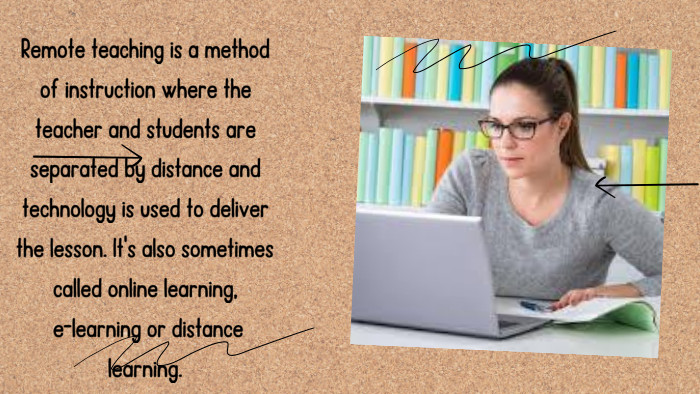 Remote teaching is a method of instruction where the teacher and students are separated by distance and technology is used to deliver the lesson. It's also sometimes called online learning, e-learning or distance learning.
