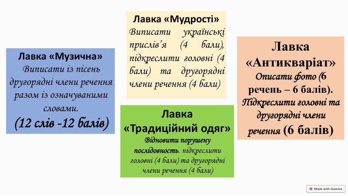 Лавка «Музична» Виписати із пісень другорядні члени речення разом із означуваними словами. (12 слів -12 балів)Лавка «Мудрості»Виписати українські прислів’я (4 бали), підкреслити головні (4 бали) та другорядні члени речення (4 бали) Лавка «Традиційний одяг» Відновити порушену послідовность. підкреслити головні (4 бали) та другорядні члени речення (4 бали) Лавка «Антикваріат»Описати фото (6 речень – 6 балів). Підкреслити головні та другорядні члени речення (6 балів)