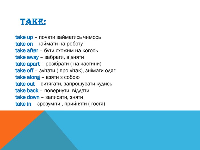 TAKE:take up – почати займатись чимосьtake on– наймати на роботуtake after – бути схожим на когосьtake away – забрати, віднятиtake apart – розібрати ( на частини) take off – злітати ( про літак), знімати одягtake along – взяти з собоюtake out – витягати, запрошувати кудисьtake back – повернути, віддатиtake down – записати, знятиtake in – зрозуміти , прийняти ( гостя)