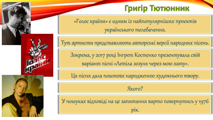 Григір Тютюнник«Голос країни» є одним із найпопулярніших проєктів українського телебачення. Тут артисти представляють авторські версії народних пісень. Зокрема, у 2017 році Інгрет Костенко презентувала свій варіант пісні «Летіла зозуля через мою хату». Ця пісня дала поштовх народженню художнього твору. Якого?У пошуках відповіді на це запитання варто повернутись у 1976 рік.