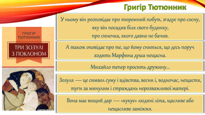 Григір Тютюнник. У ньому він розповідає про тюремний побут, згадує про сосну, яку він посадив біля свого будинку,про синочка, якого давно не бачив. А також оповідає про те, що йому сниться, що десь поруч ходить Марфина душа нещасна. Михайло тепер просить дружину... Зозуля — це символ суму і вдівства, весни і, водночас, нещастя,туги за минулим і страждань нерозважливої матері. Вона має вищий дар — «кукує» людині літа, щасливе або нещасливе заміжжя.