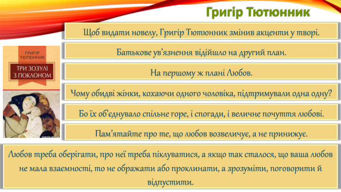 Григір Тютюнник. Щоб видати новелу, Григір Тютюнник змінив акценти у творі. Батькове ув’язнення відійшло на другий план. На першому ж плані Любов. Чому обидві жінки, кохаючи одного чоловіка, підтримували одна одну?Бо їх об’єднувало спільне горе, і спогади, і величне почуття любові. Пам’ятайте про те, що любов возвеличує, а не принижує. Любов треба оберігати, про неї треба піклуватися, а якщо так сталося, що ваша любов не мала взаємності, то не ображати або проклинати, а зрозуміти, поговорити й відпустити.
