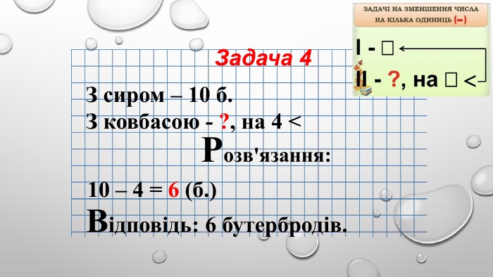 Задача 4 Відповідь: 6 бутербродів.10 – 4 = 6 (б.)З сиром – 10 б. З ковбасою - ?, на 4 <Розв'язання: 