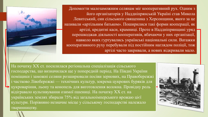 Допомогти малозаможним селянам міг кооперативний рух. Одним з його організаторів у Наддніпрянській Україні став Микола Левитський, син сільського священика з Херсонщини, якого за це називали «артільним батьком». Поширилися такі форми кооперації, як артілі, кредитні каси, крамниці. Проте в Наддніпрянщині уряд перешкоджав діяльності кооперативів, вбачаючи у них організації, навколо яких гуртувались українські національні сили. Ватажки кооперативного руху перебували під постійним наглядом поліції, тож артілі часто закривали, а нових відкривали мало. На початку XX ст. посилилася регіональна спеціалізація сільського господарства, що визначилася ще у попередній період. На Півдні України поміщики і заможні селяни розширювали посіви зернових, на Правобережжі і частково Лівобережжі — технічних культур, зокрема цукрових буряків для цукроваріння, льону та конопель для виготовлення волокна. Провідну роль відігравало культивування озимої пшениці. На початку XX ст. на українських землях збирали 75% від загальноімперського врожаю цієї культури. Порівняно незначне місце у сільському господарстві належало тваринництву.