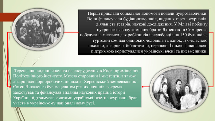 Перші приклади соціальної допомоги подали цукрозаводчики. Вони фінансували будівництво шкіл, видання газет і журналів, діяльність театрів, наукові дослідження. У Млієві поблизу цукрового заводу компанія братів Яхненків та Симиренка побудувала містечко для робітників і службовців на 150 будинків з гуртожитком для одиноких чоловіків та жінок, із 6-класною школою, лікарнею, бібліотекою, церквою. Їхньою фінансовою підтримкою користувалися українські вчені та письменники. Терещенки виділили кошти на спорудження в Києві приміщення Політехнічного інституту, Музею старовини і мистецтв, а також лікарні для чорноробочих, нічліжок. Херсонський землевласник Євген Чикаленко був меценатом різних починів, зокрема заохочував та фінансував видання наукових праць з історії України, підтримував коштами українські газети і журнали, брав участь в українському національному русі.