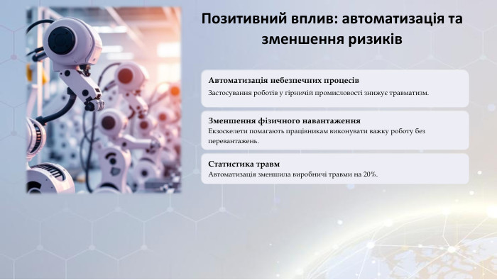 Позитивний вплив: автоматизація та зменшення ризиків. Автоматизація небезпечних процесів. Застосування роботів у гірничій промисловості знижує травматизм. Зменшення фізичного навантаження. Екзоскелети помагають працівникам виконувати важку роботу без перевантажень. Статистика травм. Автоматизація зменшила виробничі травми на 20%.