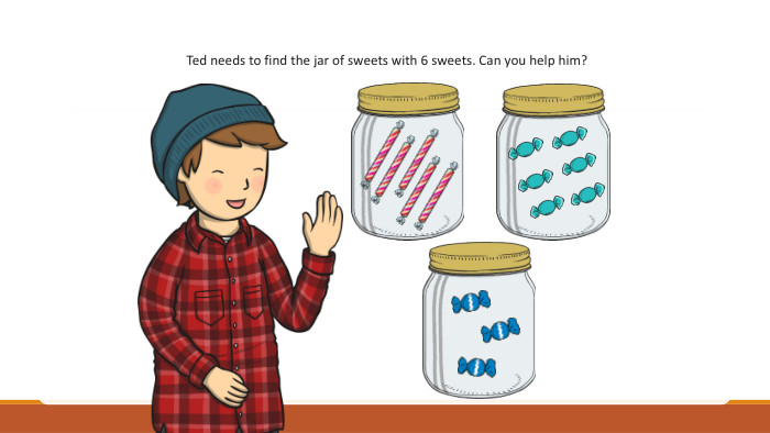 Ted needs to find the jar of sweets with 6 sweets. Can you help him?