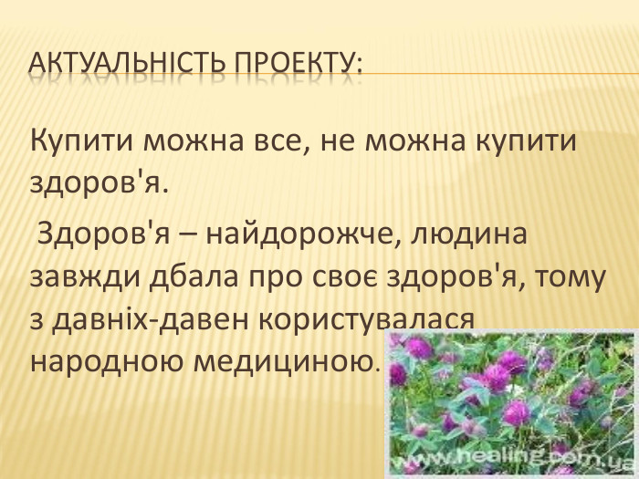 Актуальність проекту: Купити можна все, не можна купити здоров'я. Здоров'я – найдорожче, людина завжди дбала про своє здоров'я, тому з давніх-давен користувалася народною медициною.