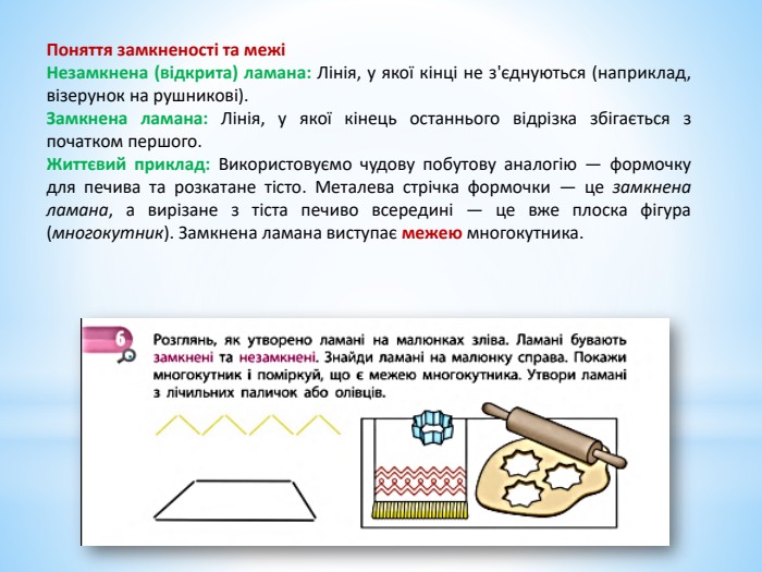 Поняття замкненості та межі Незамкнена (відкрита) ламана: Лінія, у якої кінці не з'єднуються (наприклад, візерунок на рушникові). Замкнена ламана: Лінія, у якої кінець останнього відрізка збігається з початком першого. Життєвий приклад: Використовуємо чудову побутову аналогію — формочку для печива та розкатане тісто. Металева стрічка формочки — це замкнена ламана, а вирізане з тіста печиво всередині — це вже плоска фігура (многокутник). Замкнена ламана виступає межею многокутника. 
