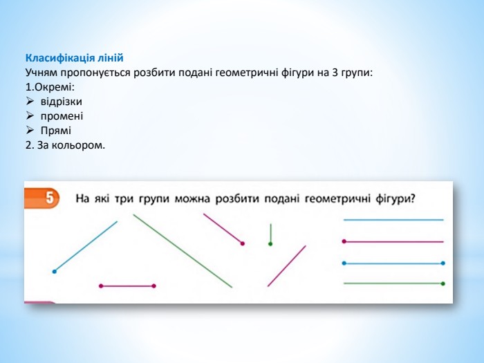 Класифікація ліній Учням пропонується розбити подані геометричні фігури на 3 групи: Окремі:відрізки променіПрямі2. За кольором.