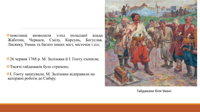 повстанці визволили з-під польської влади Жаботин, Черкаси, Смілу, Корсунь, Богуслав, Лисянку, Умань та багато інших міст, містечок і сіл;26 червня 1768 р. М. Залізняка й І. Гонту схопили;Тисячі гайдамаків було страчено;І. Гонту закатували, М. Залізняка відправили на каторжні роботи до Сибіру. Гайдамаки біля Умані