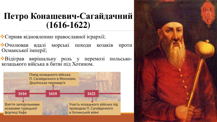 Петро Конашевич-Сагайдачний(1616-1622)Сприяв відновленню православної ієрархії;Очолював вдалі морські походи козаків проти Османської імперії;Відіграв вирішальну роль у перемозі польсько-козацького війська в битві під Хотином.