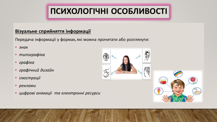 Візуальне сприйняття інформаціїПередача інформації у формах, які можна прочитати або розглянути:знактипографікаграфікаграфічний дизайнілюстраціїрекламицифрові анімації  та електронні ресурси. Психологічні особливості