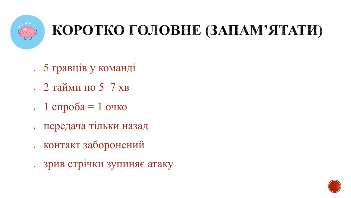  Коротко головне (запам’ятати)5 гравців у команді2 тайми по 5–7 хв1 спроба = 1 очкопередача тільки назадконтакт забороненийзрив стрічки зупиняє атаку