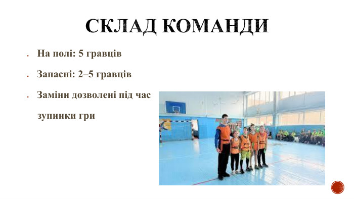 Склад команди. На полі: 5 гравців. Запасні: 2–5 гравців. Заміни дозволені під час зупинки гри