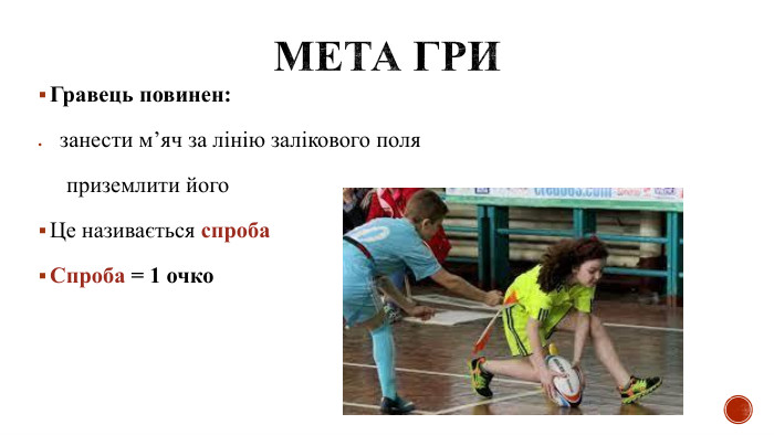 Мета гри. Гравець повинен:занести м’яч за лінію залікового поля приземлити його. Це називається спроба. Спроба = 1 очко 