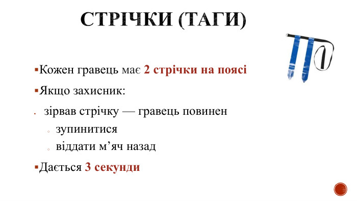  Стрічки (таги)Кожен гравець має 2 стрічки на поясіЯкщо захисник:зірвав стрічку — гравець повинензупинитисявіддати м’яч назад. Дається 3 секунди