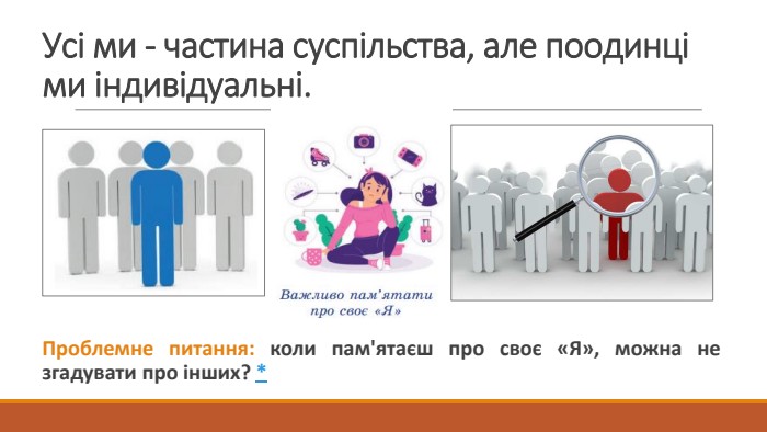 Усі ми - частина суспільства, але поодинці ми індивідуальні. Проблемне питання: коли пам'ятаєш про своє «Я», можна не згадувати про інших? *