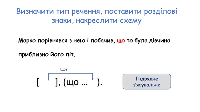 Визначити тип речення, поставити розділові знаки, накреслити схему. Марко порівнявся з нею і побачив, що то була дівчина приблизно його літ. Марко порівнявся з нею і побачив, що то була дівчина приблизно його літ. [ ], (що … ). Що?Підрядне з’ясувальне