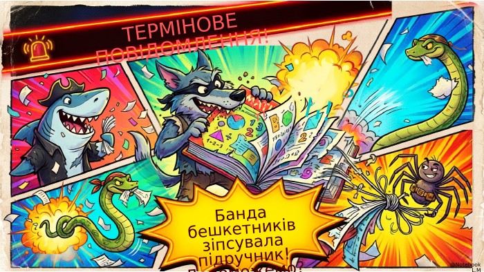 Crash!Банда бешкетників зіпсувала підручник! Допоможемо?Нат!@Notebook. L. MТЕРМІНОВЕ ПОВІДОМЛЕННЯ!style.colorfillcolorfill.typestyle.colorfillcolorfill.type