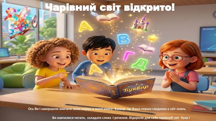 Ось Ви і завершили вивчати свою першу в житті книгу- Буквар. Це Ваша перша сходинка у світ знань. Ви навчилися читати, складати слова І речення. Відкрили для себе чарівний світ букв і казок. Чарівний світ відкрито!