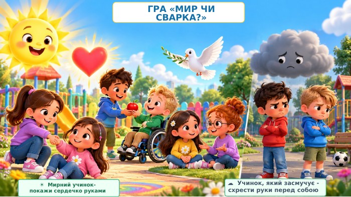 ГРА «МИР ЧИ СВАРКА?»☀ Мирний учинок-покажи сердечко руками☁ Учинок, який засмучує -схрести руки перед собою