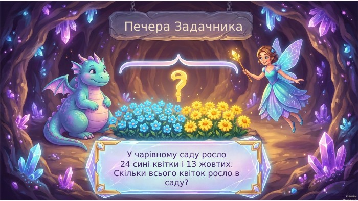  Печера Задачника. У чарівному саду росло 24 сині квітки і 13 жовтих. Скільки всього квіток росло в саду??Gemini Notebook