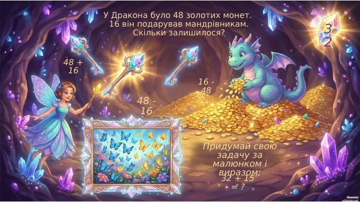 Gemini Notebook. У Дракона було 48 золотих монет. 16 він подарував мандрівникам. Скільки залишилося?48 - 1632 Придумай свою задачу за малюнком і виразом:32 + 15 = ?48 + 1616 - 48 Gemini Notebook