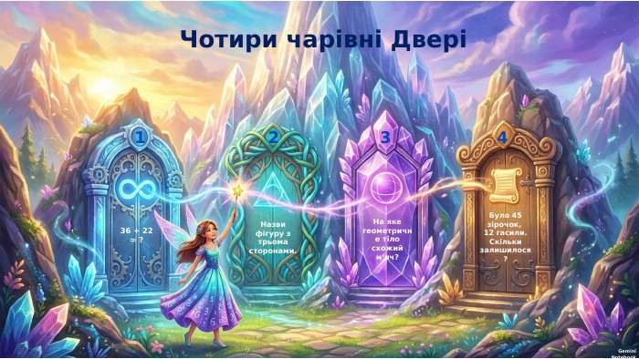 36 + 22 = ?Назви фігуру з трьома сторонами. На яке геометричне тіло схожий м’яч?Було 45 зірочок, 12 гасили. Скільки залишилося? Чотири чарівні Двері1234 Gemini Notebook