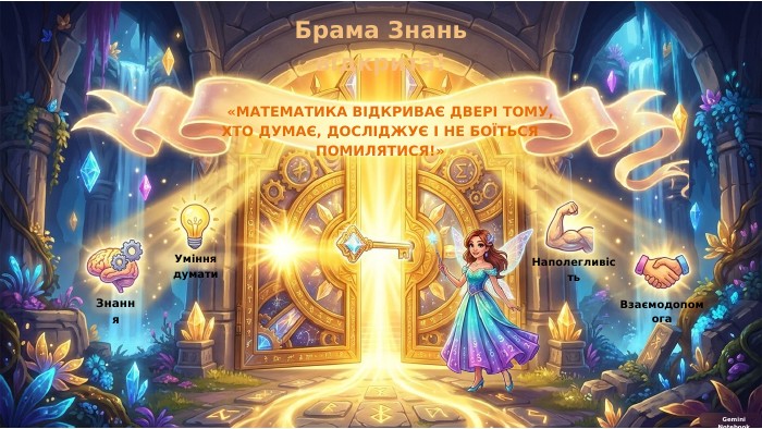 Уміння думати. Знання. Наполегливість. Взаємодопомога. Gemini Notebook«МАТЕМАТИКА ВІДКРИВАЄ ДВЕРІ ТОМУ,ХТО ДУМАЄ, ДОСЛІДЖУЄ І НЕ БОЇТЬСЯ ПОМИЛЯТИСЯ!»Брама Знань відкрита!