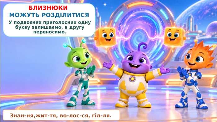 БЛИЗНЮКИ МОЖУТЬ РОЗДІЛИТИСЯУ подвоєних приголосних одну букву залишаємо, а другу переносимо. Знан-ня,жит-тя, во-лос-ся, гіл-ля.