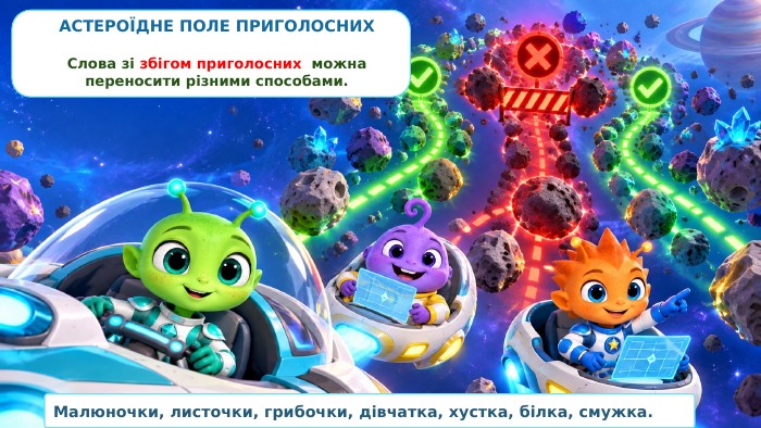 АСТЕРОЇДНЕ ПОЛЕ ПРИГОЛОСНИХСлова зі збігом приголосних можна переносити різними способами. Малюночки, листочки, грибочки, дівчатка, хустка, білка, смужка. 