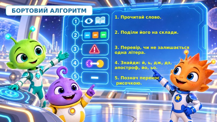 БОРТОВИЙ АЛГОРИТМ1. Прочитай слово.2. Поділи його на склади.3. Перевір, чи не залишається одна літера.4. Знайди: й, ь, дж, дз, апостроф, йо, ьо.5. Познач перенос рисочкою.