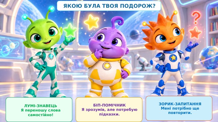 ЯКОЮ БУЛА ТВОЯ ПОДОРОЖ?ЛУМІ-ЗНАВЕЦЬЯ переношу слова самостійно!БІП-ПОМІЧНИКЯ зрозумів, але потребую підказки. ЗОРИК-ЗАПИТАННЯМені потрібно ще повторити.
