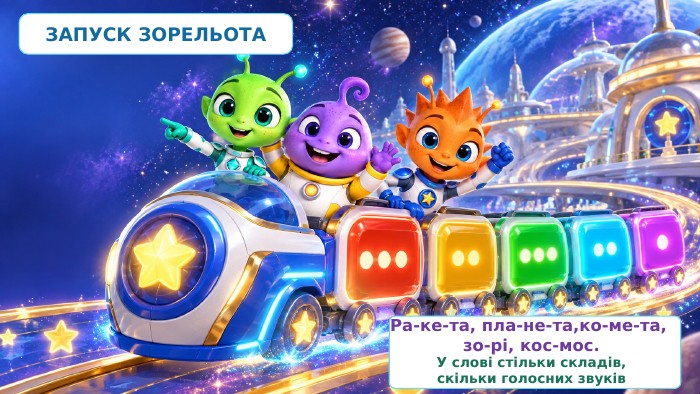 ЗАПУСК ЗОРЕЛЬОТАРа-ке-та, пла-не-та,ко-ме-та, зо-рі, кос-мос. У слові стільки складів,скільки голосних звуків