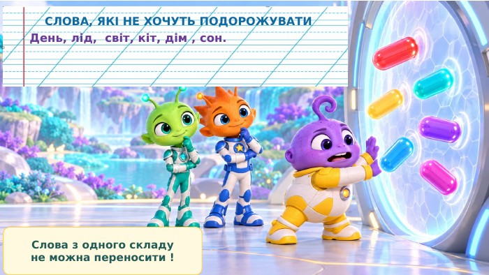 Слова з одного складуне можна переносити !День, лід, світ, кіт, дім , сон. СЛОВА, ЯКІ НЕ ХОЧУТЬ ПОДОРОЖУВАТИ