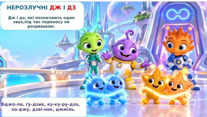 НЕРОЗЛУЧНІ ДЖ І ДЗДж і дз, які позначають один звук,під час переносу не розриваємо. Бджо-ла, ґу-дзик, ку-ку-ру-дза, хо-джу, дзві-нок, джміль.